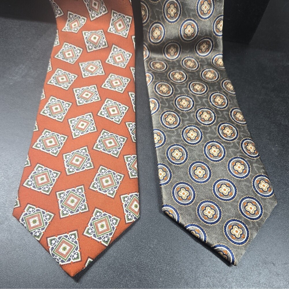 Joseph A Bank Geometric Designer Silk Tie Lot 2 Neck Ties Green Orange Old Money